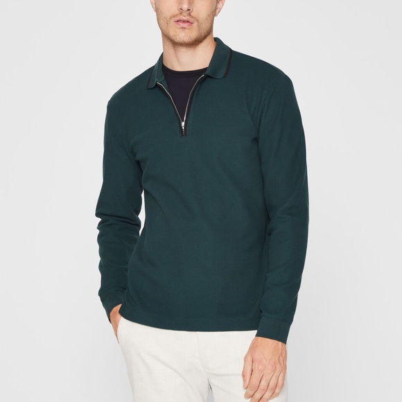 Long Sleeve Tipped Polo - New With Tags - NEVER WORN - Pine Green